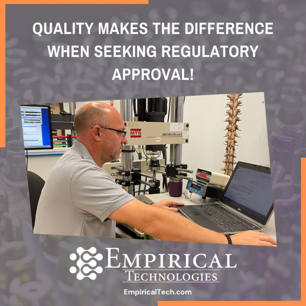 Empirical Technologies-Branded Graphic Featuring Technician Working on Laptop and the Tagline "Quality Makes the Difference When Seeking Regulatory Approval!"