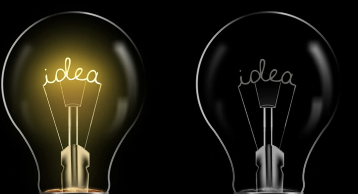 Graphic of Two Light Bulbs with Filaments that Read "Idea", One Lit and the Other Unlit