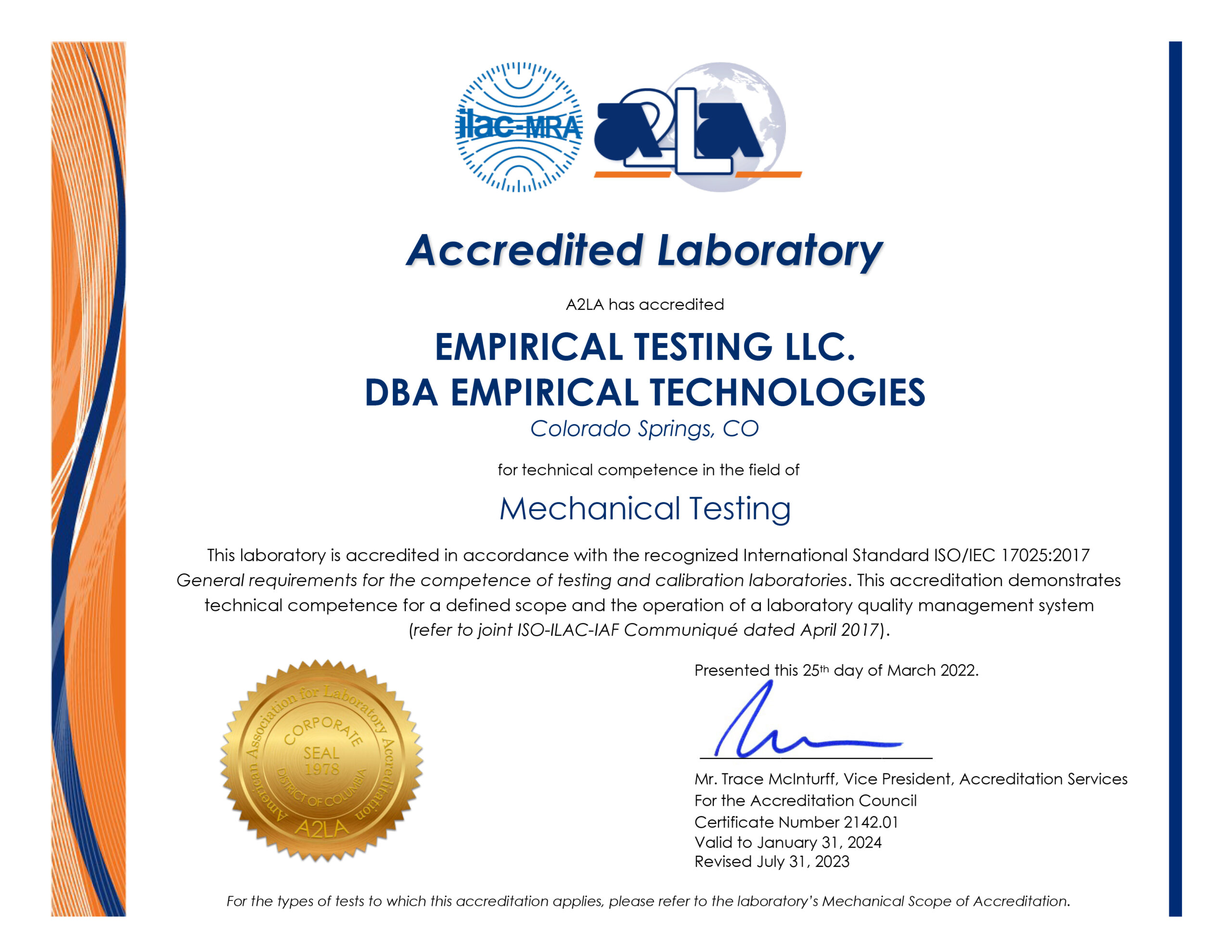 Empirical Technologies' A2LA Certification for ISO 17025:2017 Accreditation